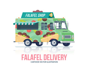 Falafel truck. Vector street cuisine wagon. Street cuisine. Delivery service. Flat illustration.