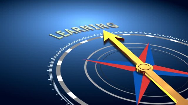 Golden compass arrow pointing on word learning. Computer generated 3d animation full HD video