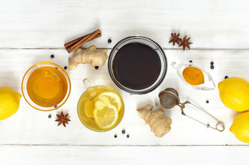 Cup of ginger tea with lemon and honey