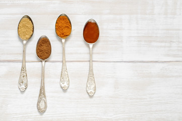 Spices on spoons: ginger, turmeric, cinnamon and honey