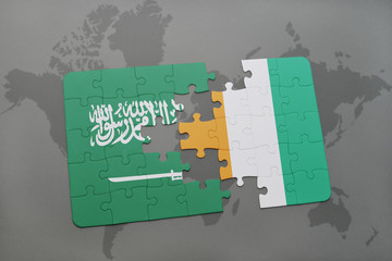 puzzle with the national flag of saudi arabia and cote divoire on a world map background.
