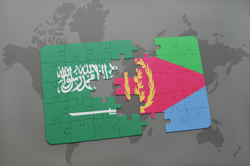 puzzle with the national flag of saudi arabia and eritrea on a world map background.