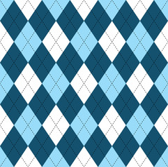 Seamless argyle pattern in dark blue, soft blue & white with black stitch. 