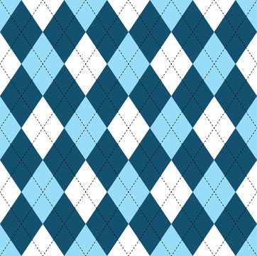 Seamless argyle pattern in dark blue, soft blue & white with black stitch. 