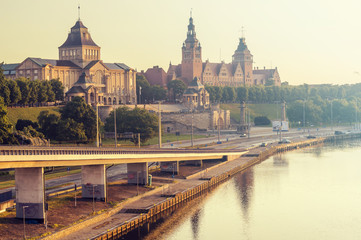 Fototapeta na wymiar panorama of the old city of Szczecin, Poland,retro colors, vintage 