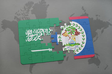 puzzle with the national flag of saudi arabia and belize on a world map background.