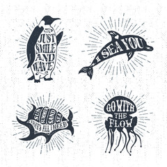 Hand drawn textured vintage labels set with penguin, dolphin, shell, jellyfish vector illustrations, and inspirational lettering.