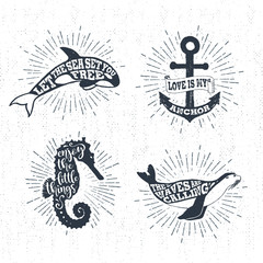 Hand drawn textured vintage labels set with killer whale, anchor, sea horse, fur seal vector illustrations, and inspirational lettering.