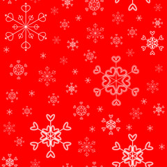 Naklejka na ściany i meble Seamless festive winter pattern. White snowflakes in shapes of heart on bright background. 