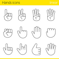 Hand gesture linear icons set