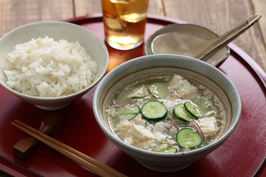 hiyajiru( cold miso soup ) with barley rice, japanese summer cuisine
