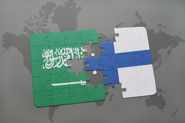 puzzle with the national flag of saudi arabia and finland on a world map background.