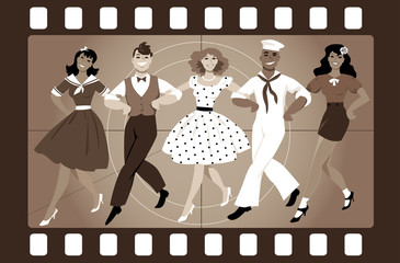 Fototapeta premium A chorus line of male and female performers dressed in vintage fashion dancing a routine in an old movie frame, EPS 8 vector illustration