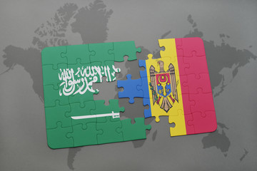 puzzle with the national flag of saudi arabia and moldova on a world map background.