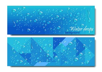 Horizontal Banners Set with Water Drops. Vector illustration. Realistic Transparent Dew on Blue Background.Geometric backdrop