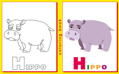 Coloring Book for Kids with letters and words. Litter H. Hippo.