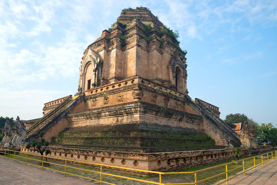 Ancient stupa of Wat Chedi Luang Worawiharn Sunny morning. Chiang Mai, Thailand