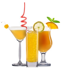 Set of orange cocktails with decoration from fruits and colorful straw isolated on white background