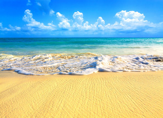 Tropical sand beach in Caribbean sea, Dominican Republic. Summer beach paradise. Island beach with blue sea water. Sea foam on beach. Paradise of sea beach. Empty sea beach.