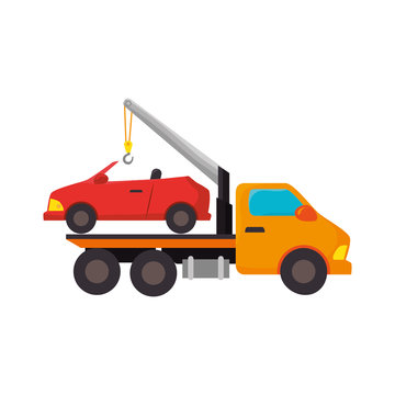 yellow car towing truck tow service vehicle vector illustration