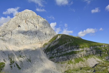 The alpine scenery at Mangrt Saddle or Mangartsko Sedlo on the Mangrt, which is the third highest peak in Slovenia and is located close to the Italian border.
