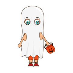 cute kid in a ghost costume halloween season vector illustration