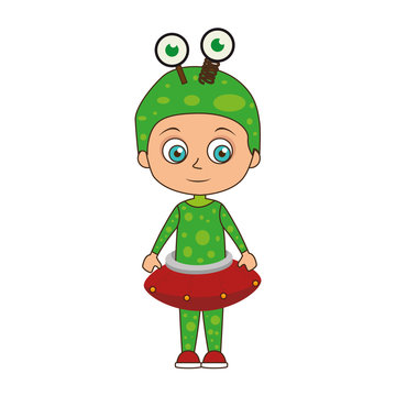 Cute Kid In A Green Alien Costume Halloween Season Vector Illustration