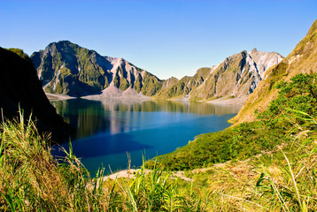 view of the crater lake of Mount Pinatubo volcano in Luzon, Philippines. The volcano erupted in...