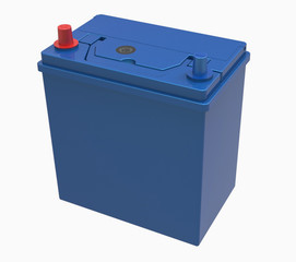 3D blue car battery with red and blue caps on white