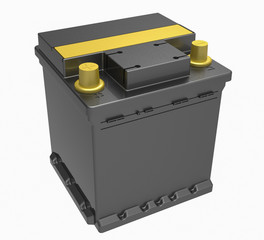 3D black car battery with yellow caps on white