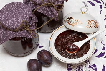 Delicious homemade plum jam in jar