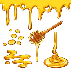 Set of honey drops and blots, cartoon style vector illustration isolated on white background. Honey dropping and flowing from the dipper, yummy decoration elements
