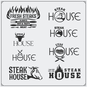 BBQ Collection. Set of vintage grill steak labels, badges and emblems.