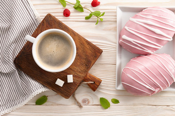 Americano coffee with glazed bans and jam