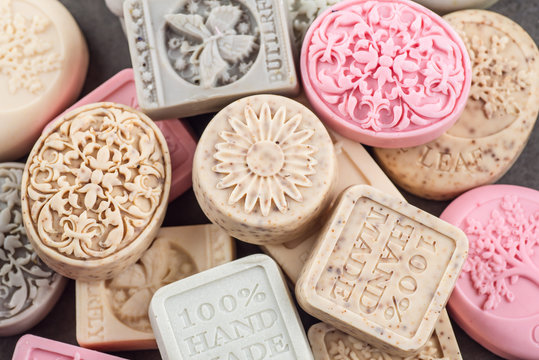 set of handmade and ornamental soaps, product of cosmetics and body care