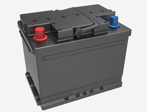 3D black car/truck battery with red and blue caps and handle on white