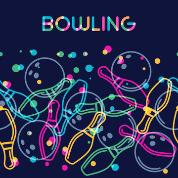 Vector bowling background with color linear bowling balls and bowling pins. Abstract multicolor illustration.