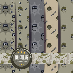 Seamless patterns vector set of military hats and accessories with shadow, label and stripe.