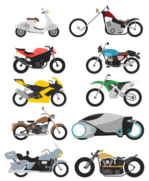 Set of motorcycle icons / retro and modern flat bikes / racing and street motorbikes / scooter