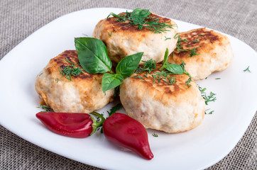 Close Up view on rissole of minced chicken on a white plate