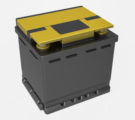 3D black car battery with yellow caps and cover on white