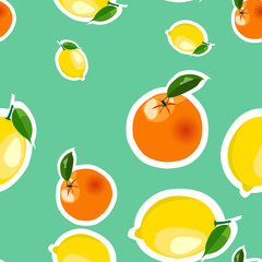 Seamless pattern with lemon, orange stickers. Fruit isolated on a turquoise background