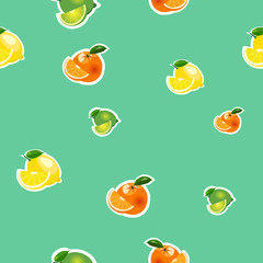 Seamless pattern with small lemon, orange, lime with slices. Fruit isolated on a turquoise background