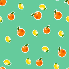 Seamless pattern with small lemon, orange stickers. Fruit isolated on a turquoise background