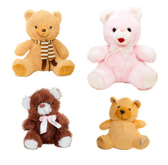 set of four teddy bears on a white background