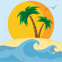 Palm trees, beach, seashells, sunset and waves.