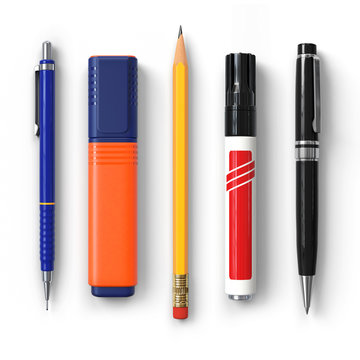 Pen.Pencil.Marker.Highlighter.Ballpoint.Set.3D rendering.Isolated on white background.Top view.