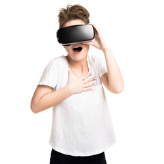 Girl getting experience using VR glasses of virtual reality