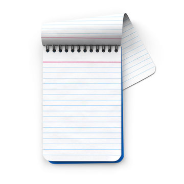 Notepad.Blank.Ruled paper.Turned page.3D rendering.Isolated on white background.Top view.