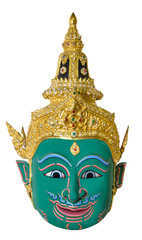 Green actor's mask used head wear for staging isolated on white background, The traditional culture pantomime in Thailand